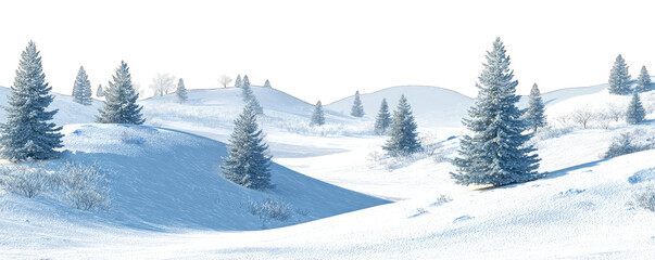 Snowy landscape with frosted pine trees on rolling hills