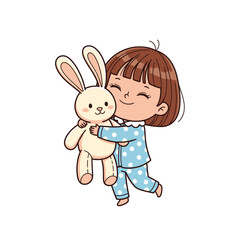A happy little girl in blue polka-dot pajamas hugs her stuffed bunny rabbit tightly, smiling with closed eyes.