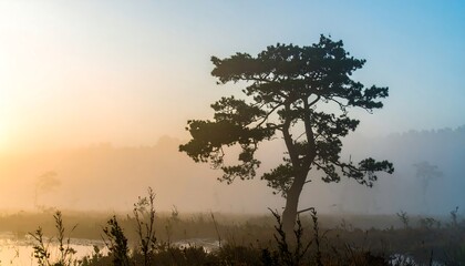 Solitary tree silhouetted against a misty sunrise over a tranquil marshland