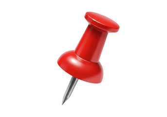 A single red pushpin with a sharp metal point, isolated on a transparent background, used for attaching papers and documents