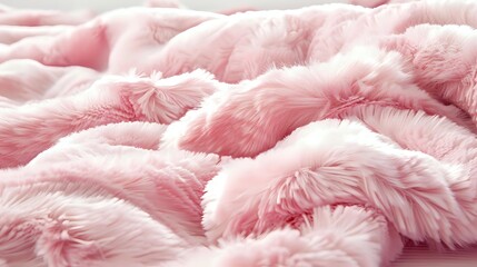 Soft pink faux fur fabric with gentle waves and folds creating luxurious texture background. Plush material close-up shows delicate fibers and cozy surface pattern.