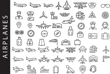 Aviation and Airport Vector Icon Set ✈️: Airplanes, pilots, control tower, passport, and luggage symbols. Ideal for travel, flight, and transportation projects.