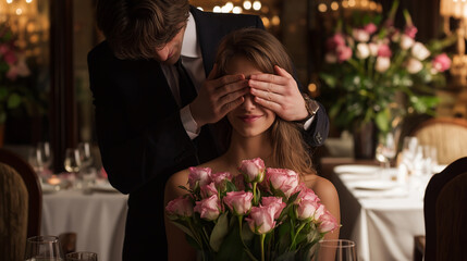 Handsome elegant man is holding roses and covering his girlfriend's eyes while making a surprise in restaurant