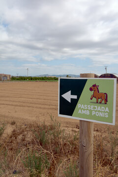 A Passejada amb ponis Pony ride sign next to crop fields, showing a rural and family leisure option.