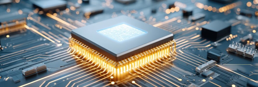 Close-up of a computer processor on a circuit board.  Gold wiring illuminates the chip