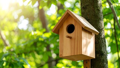 Small wooden birdhouse mounted on a tree in a sunlit forest