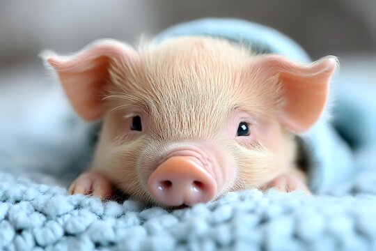 Adorable newborn pink piglet with bright blue eyes lying on soft blue knitted blanket, close-up portrait showing sweet expression and perked ears.
