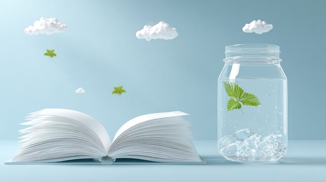 Open book, clouds, and a glass jar with water and ice.