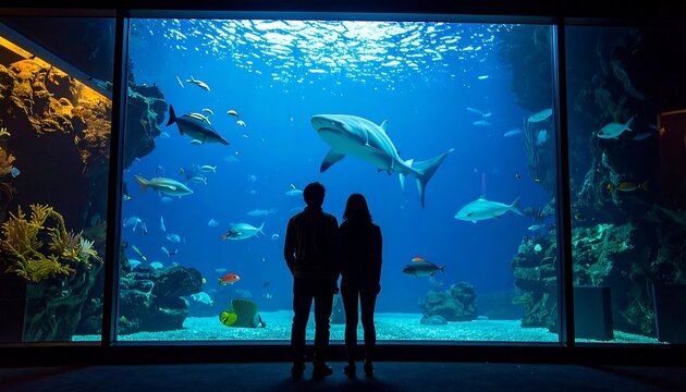 Silhouetted couple admiring large aquarium with shark and various fish