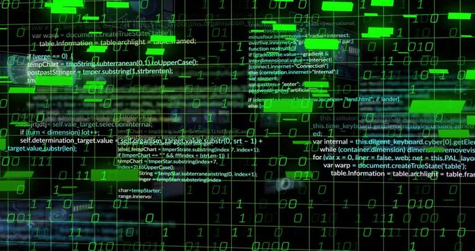 Receding grid launching code emerging pulsing green bars and growing binary digits visualizing data