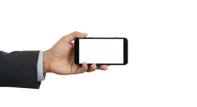 A neutral-skinned adult hand holding a sleek black smartphone horizontally with a blank white screen, isolated on a transparent shadowless studio background, concept for digital product mockups and