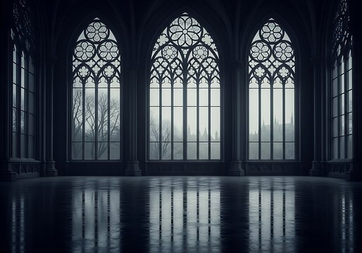 Gothic hall interior with large arched windows and reflections