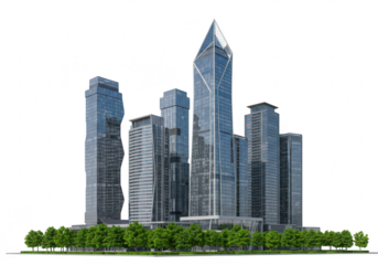 Modern skyscrapers and office buildings with glass and steel facades, representing urban development and corporate business, isolated on transparent background