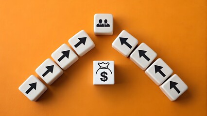 Obraz premium Decision Flow – Business Strategy and Financial Direction Concept, Abstract, Motivation, Orange Background, Symbolic Cubes and Arrows