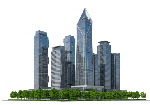Modern skyscrapers and office buildings with glass and steel facades, representing urban development and corporate business, isolated on transparent background