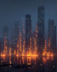 Fototapeta premium Neon‑lit futuristic skyline of tall buildings at night with overlapping bar chart represents making progress in market share