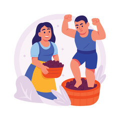 Two cheerful people, likely farmers or vineyard workers, are depicted during grape harvest.