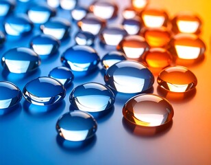 Smooth, translucent spheres in blue and amber hues, scattered on a reflective surface