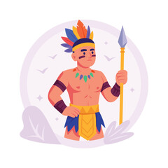 A stylized illustration of a man dressed in traditional attire, holding a spear.