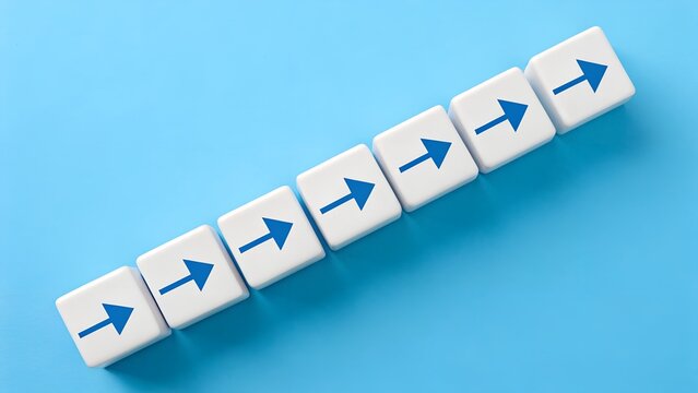 Forward Motion – Progress and Directional Strategy Concept, Abstract, Motivation, Blue Background, Arrow Cubes in Line