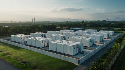 Expansive modern data center facility with rows of white server containers under a hazy sky at sunrise