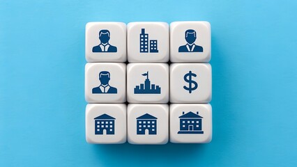 Business and Real Estate Ecosystem &ndash; Finance, Government, Corporate, House Icons, Grid Layout, Blue Background