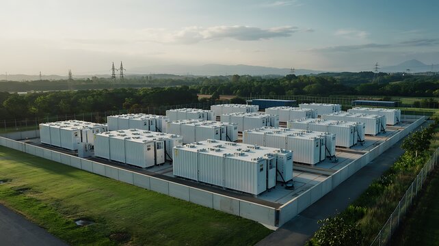 Expansive modern data center facility with rows of white server containers under a hazy sky at sunrise - Powered by Adobe