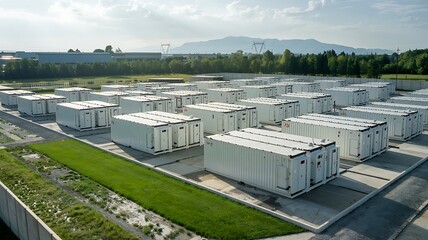 Expansive modern renewable energy storage facility with rows of white battery containers under a cloudy sky with distant mountains