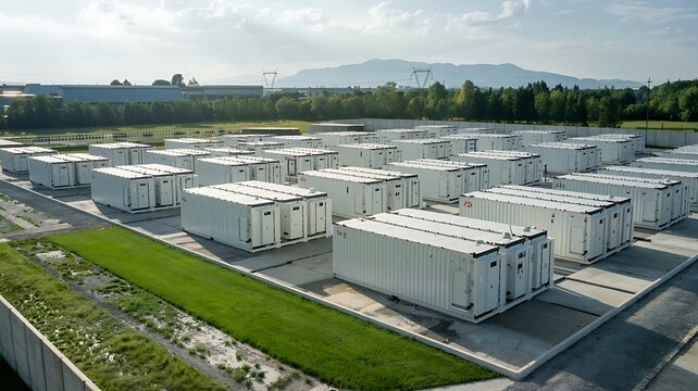 Expansive modern renewable energy storage facility with rows of white battery containers under a cloudy sky with distant mountains