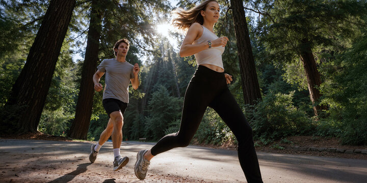 Wide angle shot of a couple running in the park. Sunlint forest trail. Energetic postures. Low angle