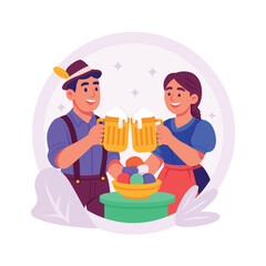A couple holding beer mugs at Oktoberfest with traditional snacks.