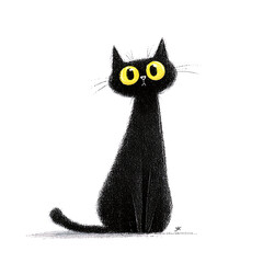 Whimsical black cat with big yellow eyes sitting and looking up