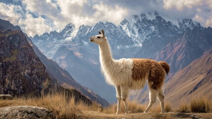 A stunning llama is standing on a grassy mountain slope, with a dramatic backdrop of towering, snow-capped andes mountains