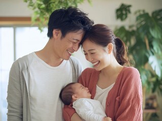 Fototapeta premium 笑顔で赤ちゃんを抱く日本人夫婦