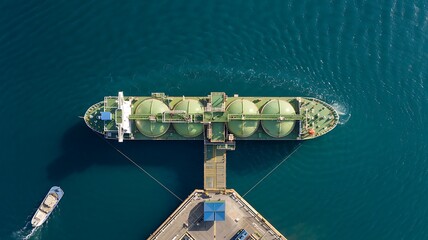 Aerial view of a large lng carrier ship docked at a terminal showcasing industrial maritime operations and transportation infrastructure