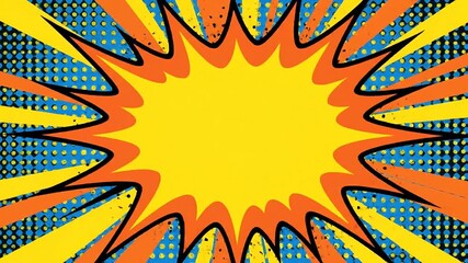 Vibrant comic book style explosion graphic with a yellow center and radial halftone background. - Powered by Adobe