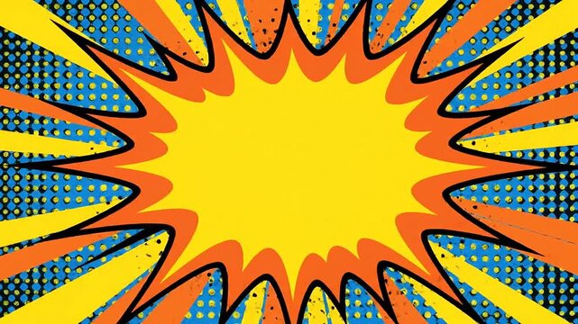 Vibrant comic book style explosion graphic with a yellow center and radial halftone background.