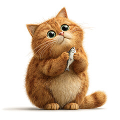 Adorable fluffy orange cat holding a small fish