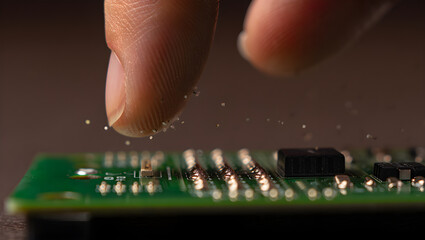Close up of a finger touching a circuit board with tiny sparks