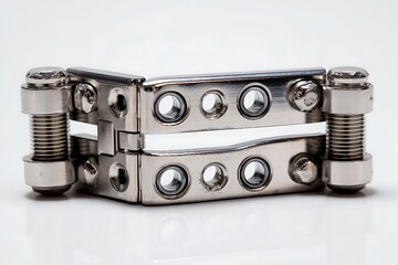 Precision Engineered Metal Hinge: Detailed Close-up of a High-Quality, Chrome-Plated, Articulated Metal Hinge with Threaded Fasteners and Precisely Machined Components
