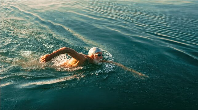 An athletic senior man wearing a swim cap and goggles swims the crawl stroke in the open water