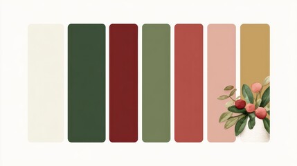 Color palette with muted tones inspired by nature including greens, reds, and a floral arrangement
