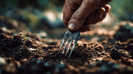 A close-up shot of a hand using a fork to gently turn the soil next to a small, newly sprouted plant