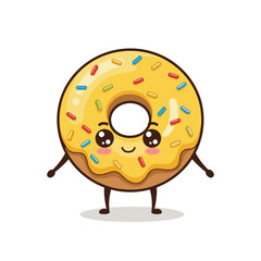Appetizing donut doughnut with yellow frosting and sprinkle. Glazed delicious pastry baked food with icing outline art. Background white