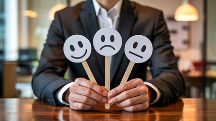 Businessman holding three emotion faces on sticks showing happy sad and neutral expressions representing mood swings and emotional intelligence