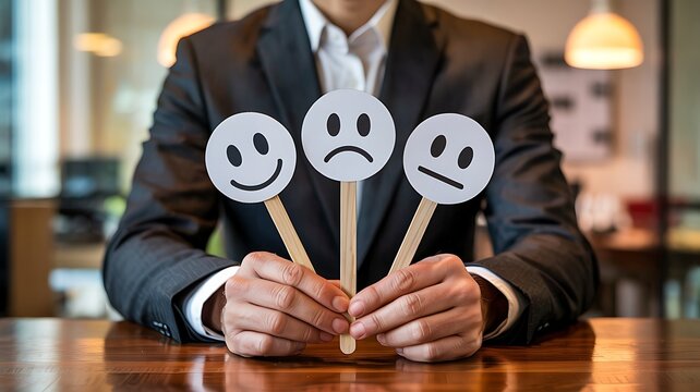 Businessman holding three emotion faces on sticks showing happy sad and neutral expressions representing mood swings and emotional intelligence