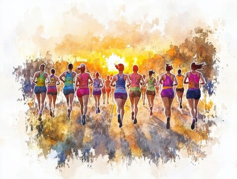 Vibrant watercolor style image of a diverse group of women running outdoors du sunset, depicting fitness, health, and active lifestyle in a picturesque natural setting