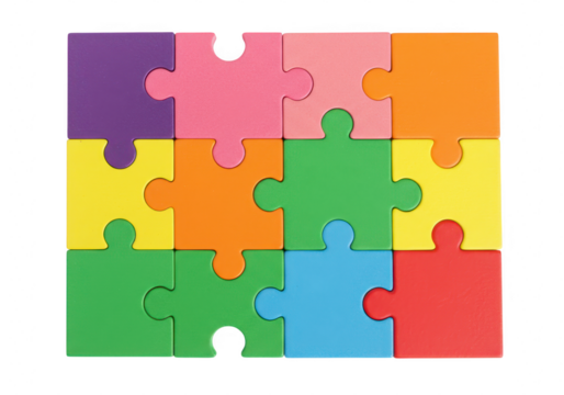 Colorful jigsaw puzzle pieces arranged in a grid, isolated on a transparent background, representing concepts of teamwork, problemsolving, and education