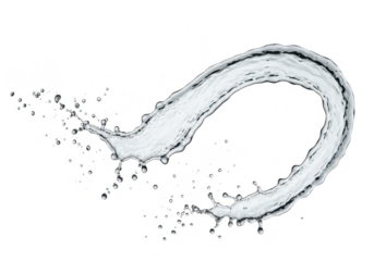 A dynamic splash of clear water forming an elegant curved shape, isolated on a transparent background, representing fluidity and refreshment