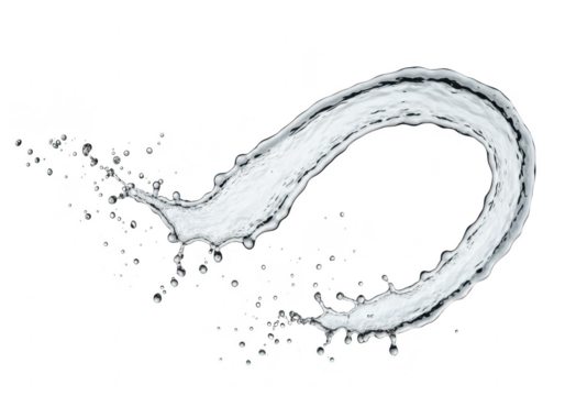 A dynamic splash of clear water forming an elegant curved shape, isolated on a transparent background, representing fluidity and refreshment